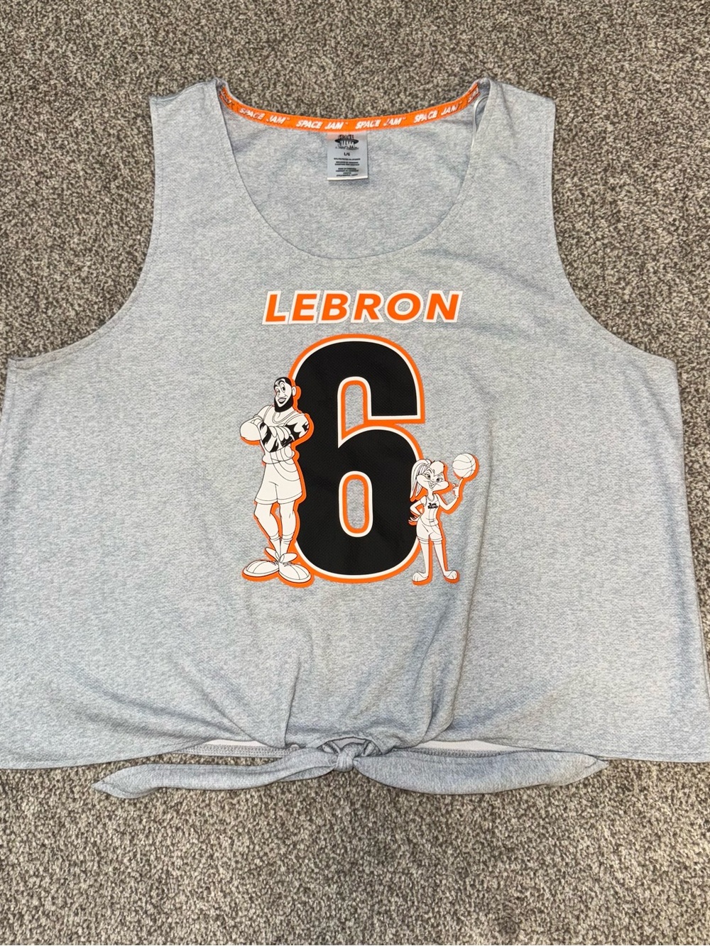 Space Jam LeBron James and Lola Bunny Graphic Tie-Front Tank - Gray & Orange